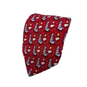 Vineyard Vines Red Lighthouse Tie‎ 100% Silk Nautical Print  58.75" x 3.5"